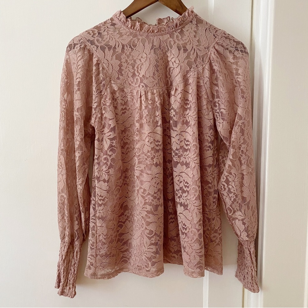 Cable & Gauge Lace High Neck Pink Blouse